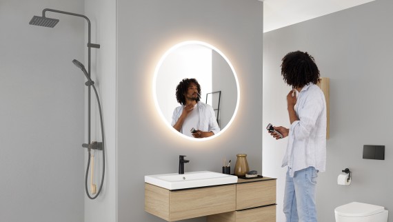 Geberit Option mirror round with furniture and ceramics of the bathroom series Geberit iCon