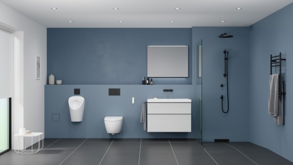 Bathroom with urinal, WC, washbasin and shower