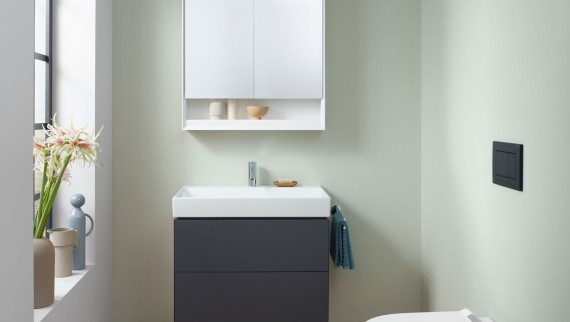 View of a guest toilet with wall-hung WC, mirror cabinet and washbasin cabinet from the Geberit ONE bathroom series View of a guest toilet with wall-hung WC, mirror cabinet and washbasin cabinet from the Geberit ONE bathroom series
